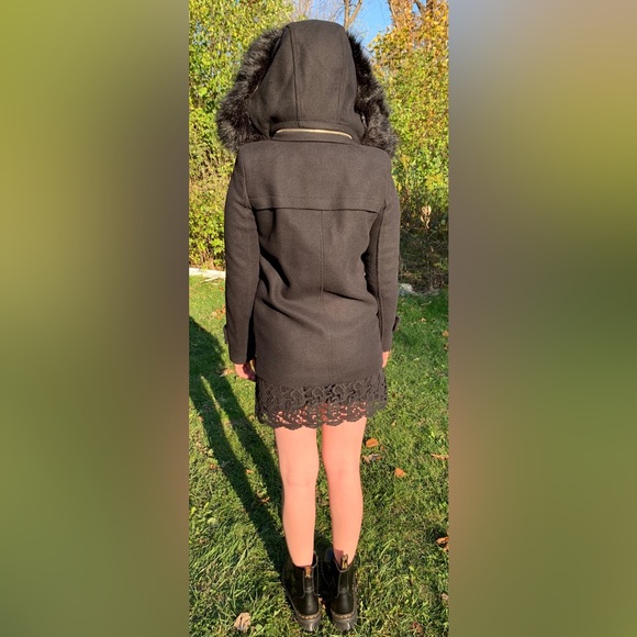 Zara Black 75% Wool Winter Jacket coat Hood with black fur metal Buckel pocket S - Picture 9 of 16